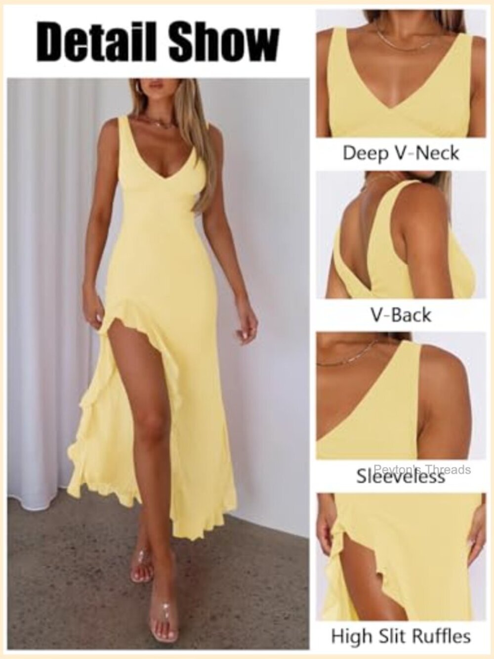 Mesh Ruffle High Slit Bodycon Maxi Dress V Neck Sleeveless Formal Party - Picture 5 of 7